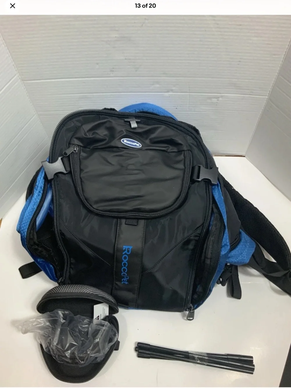 RoccoPet Pet Carrier Backpack Blue Black Hiking Travel Dog Cat Bag NWT Goggles⁠